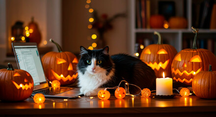 A fluffy black and white cat sits next to a laptop among Halloween decorations, including carved pumpkins and lights