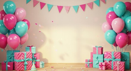 Pink and turquoise balloons with gift boxes and confetti, ideal for a birthday background