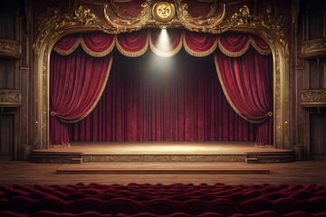 Elegant ornate theater hall with classical stage and red velvet curtains