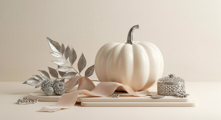 Stylish composition with a white pumpkin, silver decor and silk ribbon
