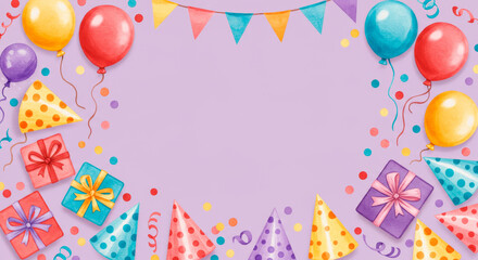 Festive watercolor birthday party background with balloons, gifts, and party hats