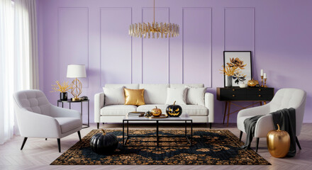 Luxurious and modern living room decorated for Halloween in purple and gold