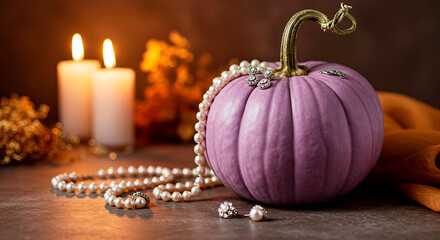 Luxury and beauty still life with a purple pumpkin and elegant pearl jewelry