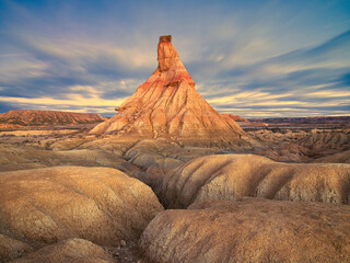 Bardenas Reales desert at blue hour - A long exposure shot of the iconic Castildetierra rock formation in Bardenas Reales, a semi-desert badlands in Spain.