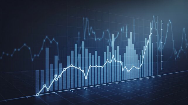 Blue digital financial stock market graph with rising trend and data analytics chart