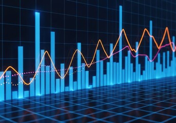 Abstract 3d rendering of a financial stock market data chart with blue bars and orange and pink trend lines