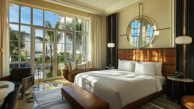 Luxurious Hotel Suite with King Bed, Modern Design, Palm Tree View, and Sunny Atmosphere, Perfect for Vacation Rentals and Interior Design