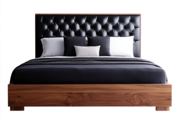 modern bed with a black leather headboard and a walnut wood frame, isolated on a transparent background