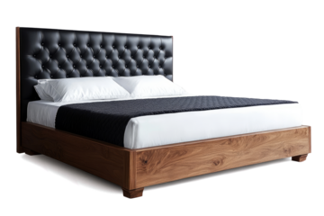 modern bed with a black leather headboard and a walnut wood frame, isolated on a transparent background