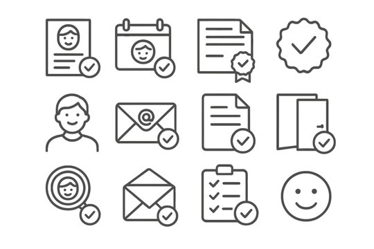 Job Application Icons. Line style icons of job application approvals: accepted resume, interview scheduled, approval letter, green