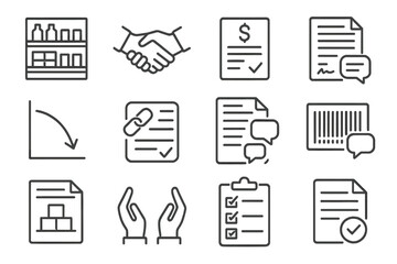 Retail Negotiation Icons. Line style icons of retail negotiations: shelf space agreement, distributor handshake icon, wholesale