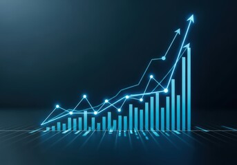 3d glowing blue bar chart and line graph showing significant upward growth and positive financial trend