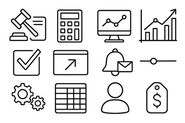Bidding Tools Icons. Line style icons of bidding tools: gavel and document icon, bid calculator, online dashboard icon, bid