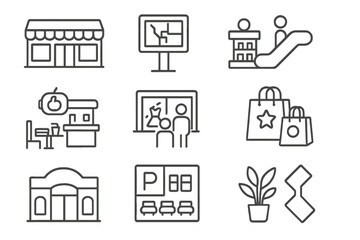 Line Style Mall Icons. Line style icons of mall-based retail: store row in corridor, mall map board, escalator icon, kiosk with