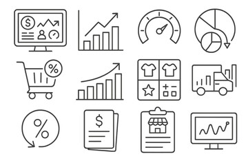 Dropshipping Analytics Icons. Line style icons of dropshipping analytics: dashboard with KPIs, sales trend chart, conversion rate