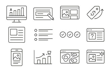 Product Page Optimization Icons. Line style icons of product page optimization: A/B test chart, product title edit form, media