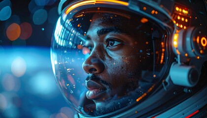 A close-up of a Black man in a futuristic space helmet, gazing thoughtfully into the cosmos, with a blurred, colorful background