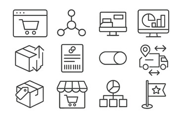 Multi-Channel Fulfillment Icons. Line style icons of multi-channel fulfillment: order from website, marketplace integration chart,