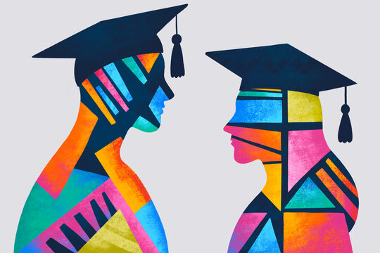 Students in graduation caps representing diversity and achievement