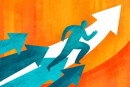 Man running upwards on arrows representing progress and success