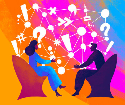 Discussion between two people with thought bubbles and symbols
