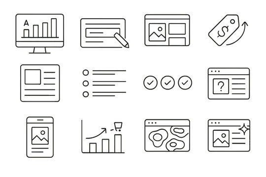 Product Page Optimization Icons. Line style icons of product page optimization: A/B test chart, product title edit form, media