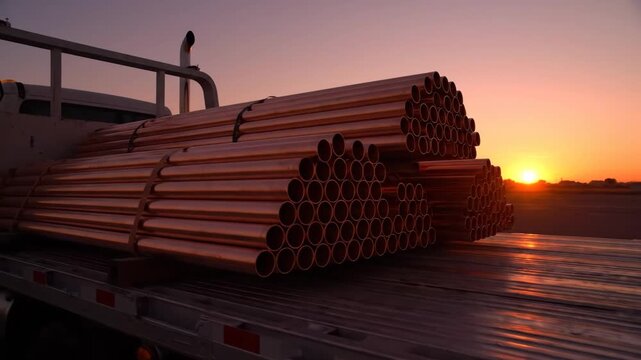 Copper Pipes on Truck Bed at Sunset - A flatbed truck carries bundles of copper pipes secured with straps.