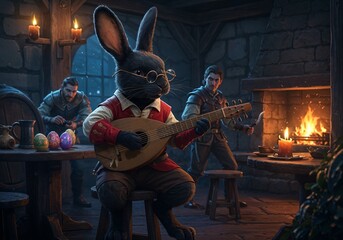 A Rabbit Bard Playing Lute in Tavern: A sophisticated rabbit, adorned in spectacles and fine attire, passionately plays the lute in a cozy, dimly lit tavern.