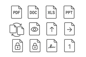 File Format Icons. Line style icons of PDF and document formats: PDF file, DOC file, XLS file, PPT file; file converter, file
