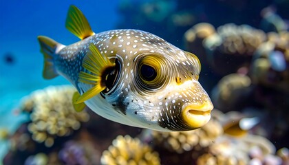 Close-up of a pufferfish in coral reef
