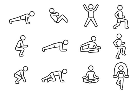Fitness Exercise Icons. Line style icons of fitness exercises and movements: push-up, sit-up, jumping jack, lunge; squat, plank,