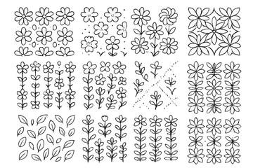 Floral Line Icons. Line style icons of floral patterns and repeats: repeating blossom, dotted petal motif, spiral floral pattern,