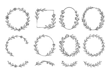 Line Floral Wreaths. Line style icons of blooming frames and wreaths: circle flower wreath, square floral frame, oval bloom