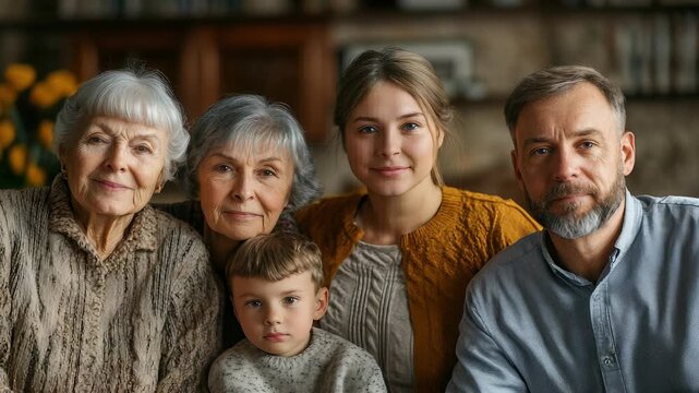Multi-Generational Family Portrait: Grandmother, Mother, Father, and Grandchildren Posing Together Indoors, Showing Love and Connection, Warm and Authentic