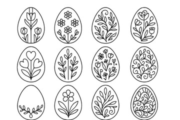 Fototapeta premium Floral Egg Icons. Line style icons of floral egg patterns: tulip stripe egg, daisy dotted egg, leaf swirl egg, rosebud egg; heart