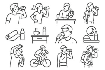 Fototapeta premium Fluid Intake Icons. Line style icons of fluid intake by activity: post-workout hydration, sip during run, bottle at desk, drink on