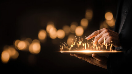 Person interacts with digital tablet displaying glowing data visualizations, symbolizing technology and innovation. background features soft bokeh lights, creating modern and dynamic atmosphere