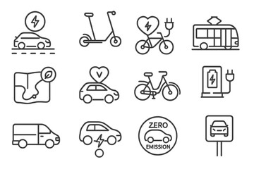 Sustainable Transport Icons. Line style icons of sustainable transport: EV on road, electric scooter, EV bus, bicycle with plug;