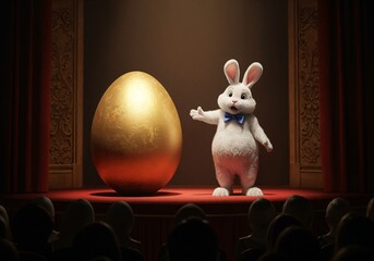 Golden Egg Spectacle: A charming Easter bunny, adorned in a bow tie, stands beside a colossal golden egg on a stage, captivating an audience in a theater.