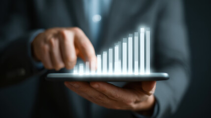 Businessman analyzing financial data on tablet, showcasing glowing bar graph representing growth and success. image conveys sense of progress and innovation