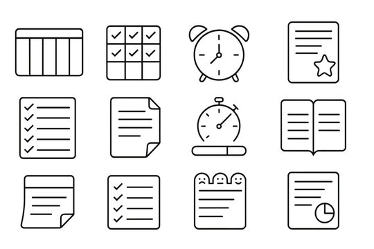 Weekly Productivity Icons. Line style icons of weekly productivity kits: Monday start page, daily task grid, routine alarm, weekly