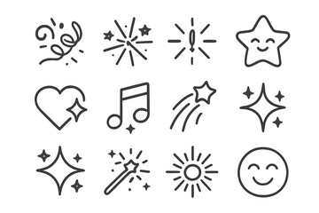 Celebration Line Icons. Line style icons of celebration symbols: party swirl, joy explosion, exclamation burst, happy star; heart