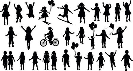 Children playing silhouette set with outdoor activities, sports, fun, movement, joy, dancing, biking, skiing, balloons, jumping, running, childhood