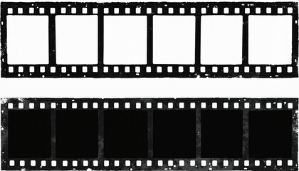 Fototapeta premium Grunge film strips illustration, old retro cinema movie tape with blank frames. Black, white analog video recording reel with perforations, suitable for abstract backgrounds, film industry themes,