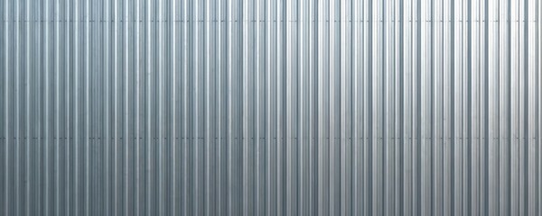 Fototapeta premium Corrugated aluminum sheet metal facade texture. Silver, galvanized surface with vertical lines, geometric pattern. Modern, industrial building material, construction, architecture element. Metallic,