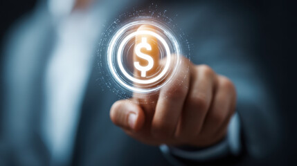 Businessman touching digital dollar symbol, representing finance, investment, and technology. image conveys sense of innovation and modernity in financial transactions