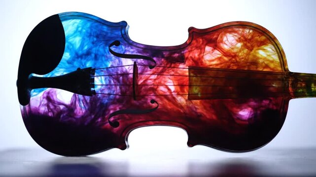 Glass violin silhouette filling with multicolored ink representing harmony and imagination