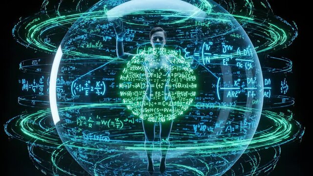 A data scientist stands inside a glowing sphere filled with swirling equations and graphs. The luminous environment represents a world of possibilities, confirming solutions to complex problems. - Powered by Adobe