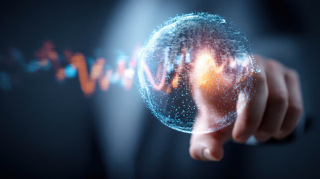 Digital sphere holographic display technology innovation futuristic data visualization abstract hand interaction virtual reality glowing network science communication modern connection information