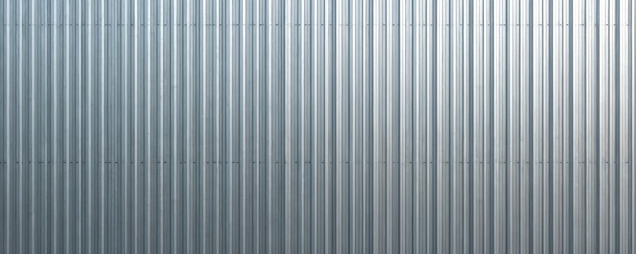 Corrugated aluminum sheet metal facade texture. Silver, galvanized surface with vertical lines, geometric pattern. Modern, industrial building material, construction, architecture element. Metallic,